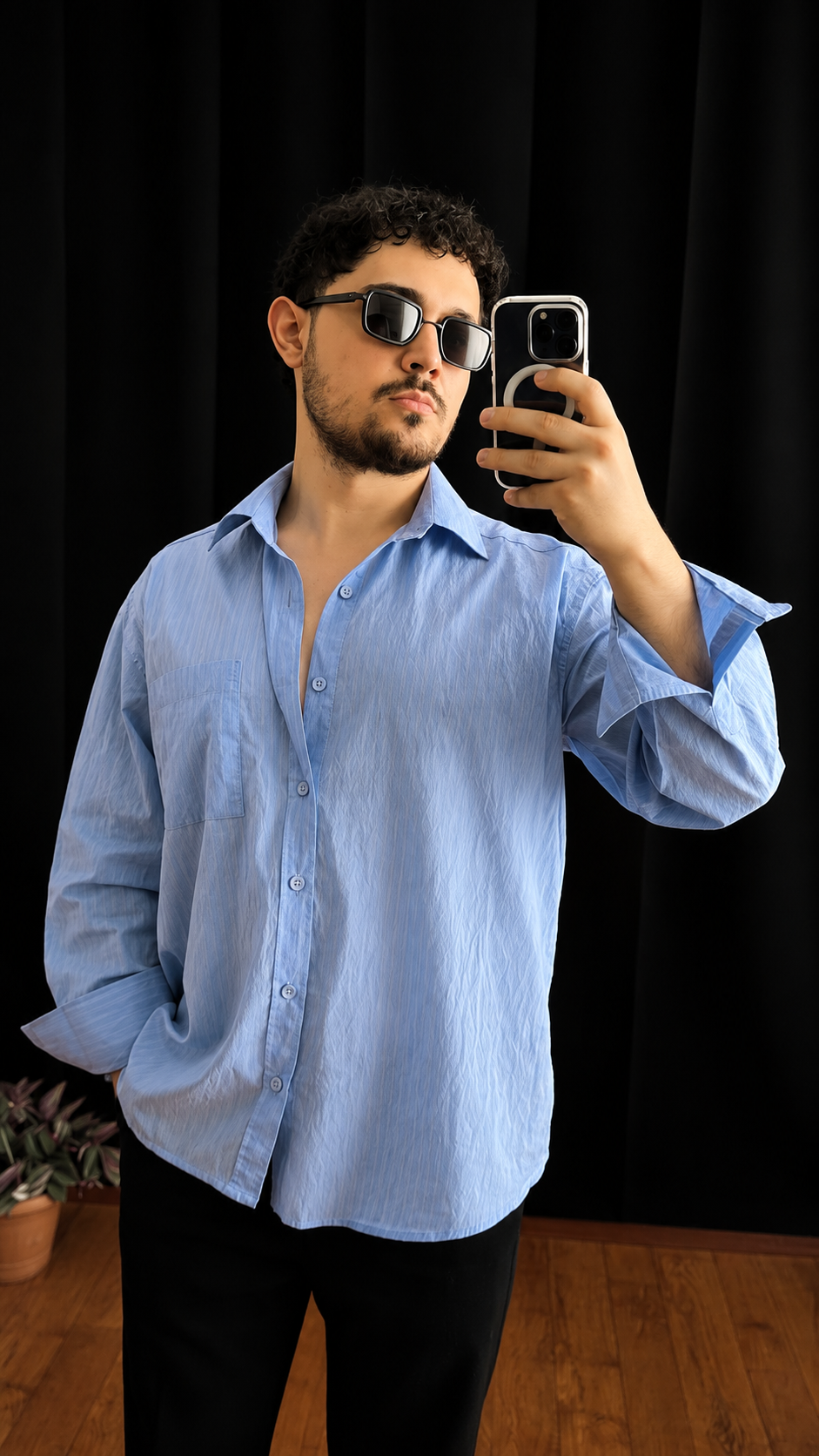 Oversize Çizgili Gömlek Mavi