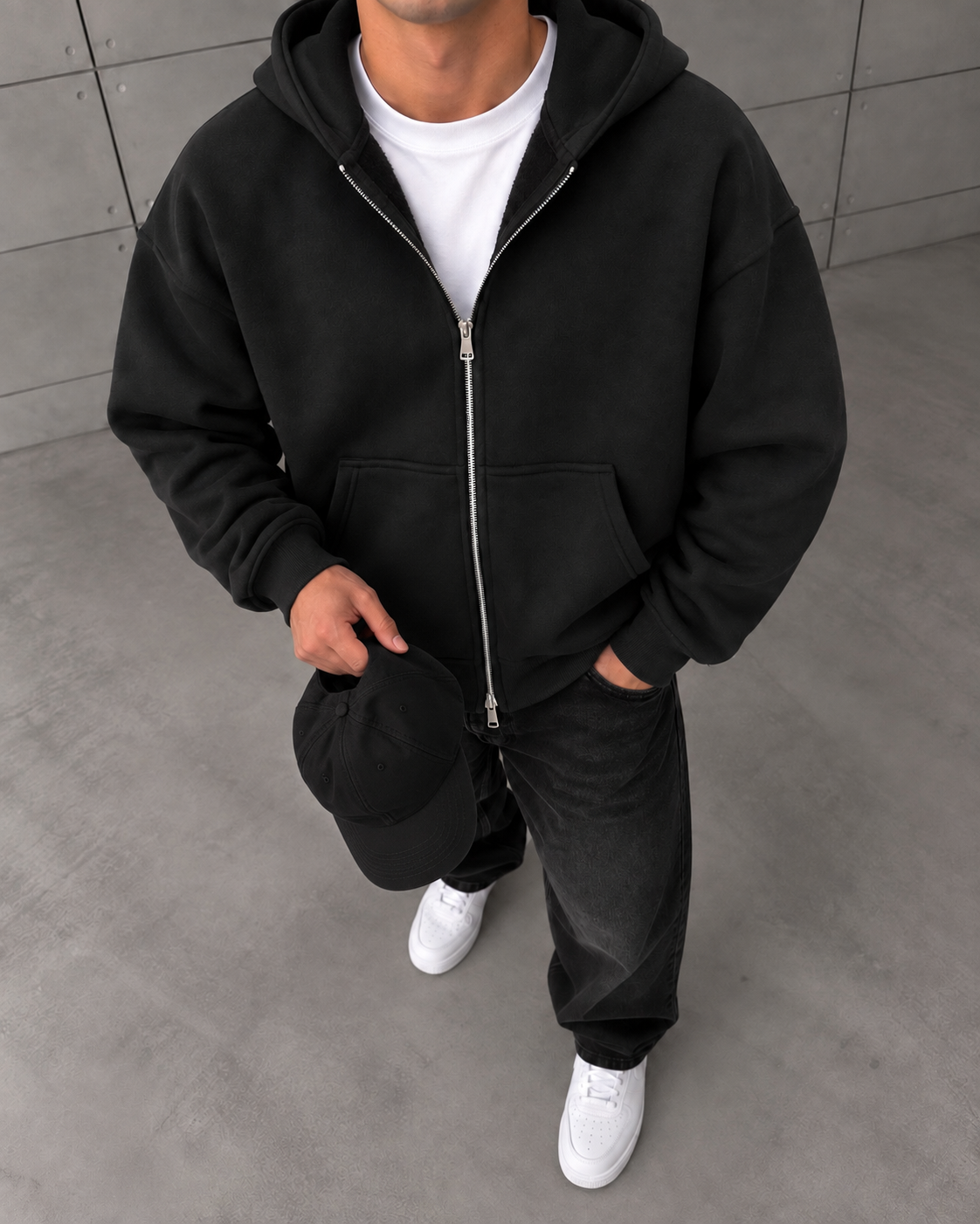 Basic Fermuarlı Kapüşonlu Sweatshirt Siyah