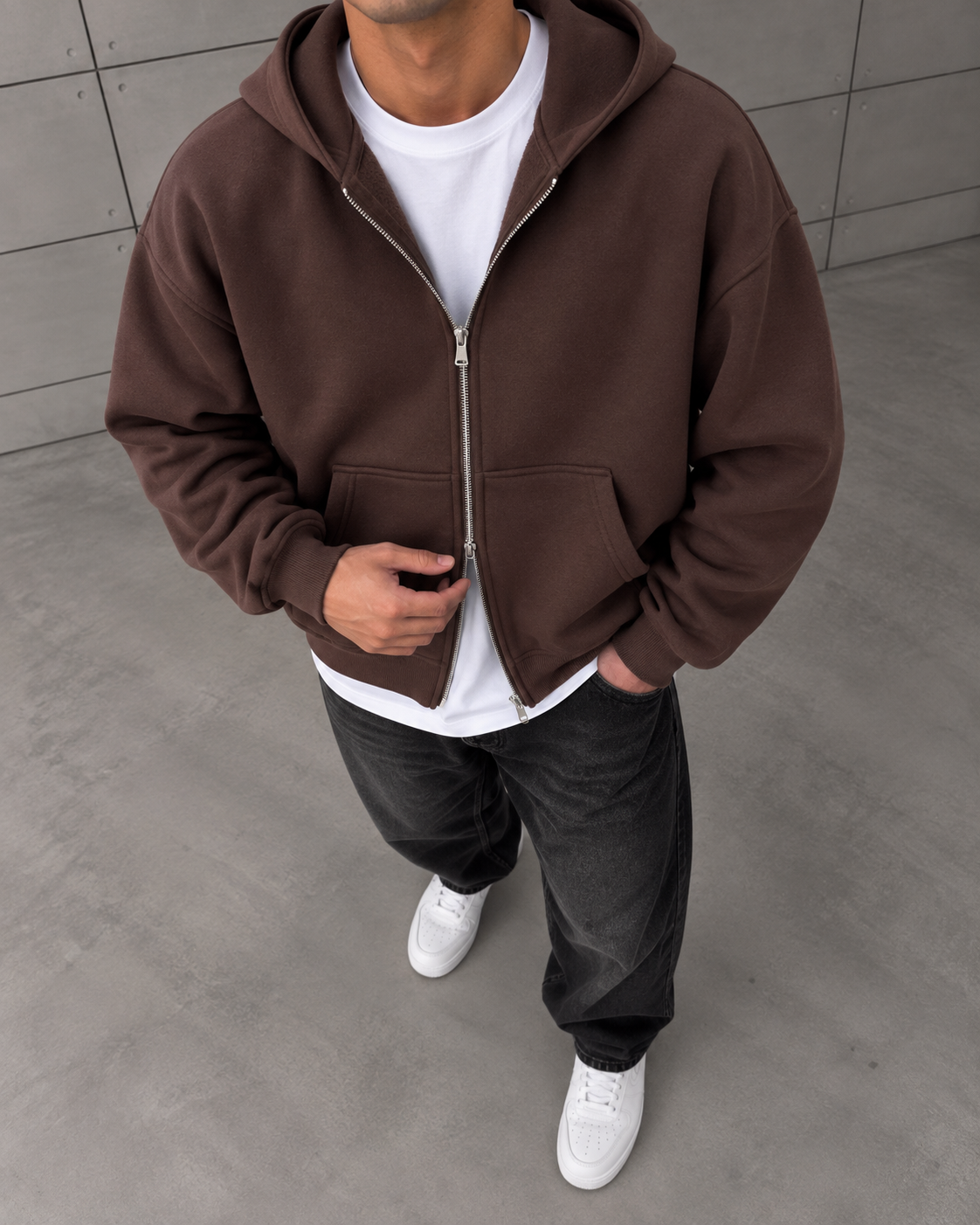 Basic Fermuarlı Kapüşonlu Sweatshirt Kahverengi