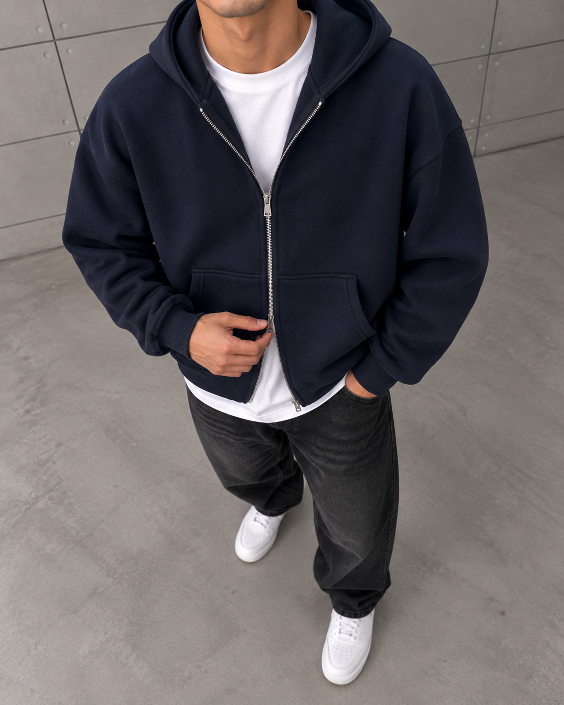 Basic Fermuarlı Kapüşonlu Sweatshirt Lacivert