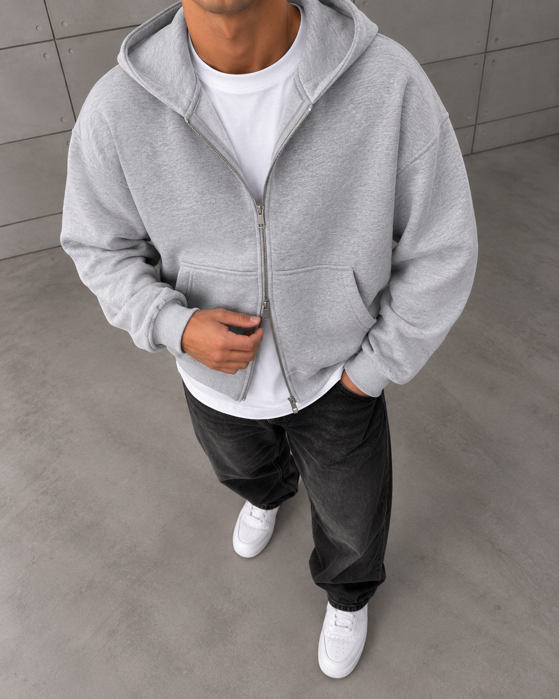 Basic Fermuarlı Kapüşonlu Sweatshirt Gri