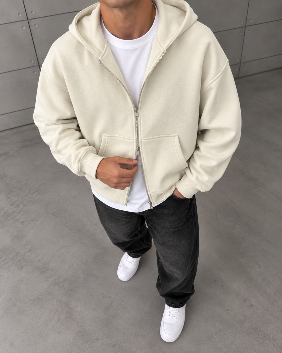 Basic Fermuarlı Kapüşonlu Sweatshirt Bej